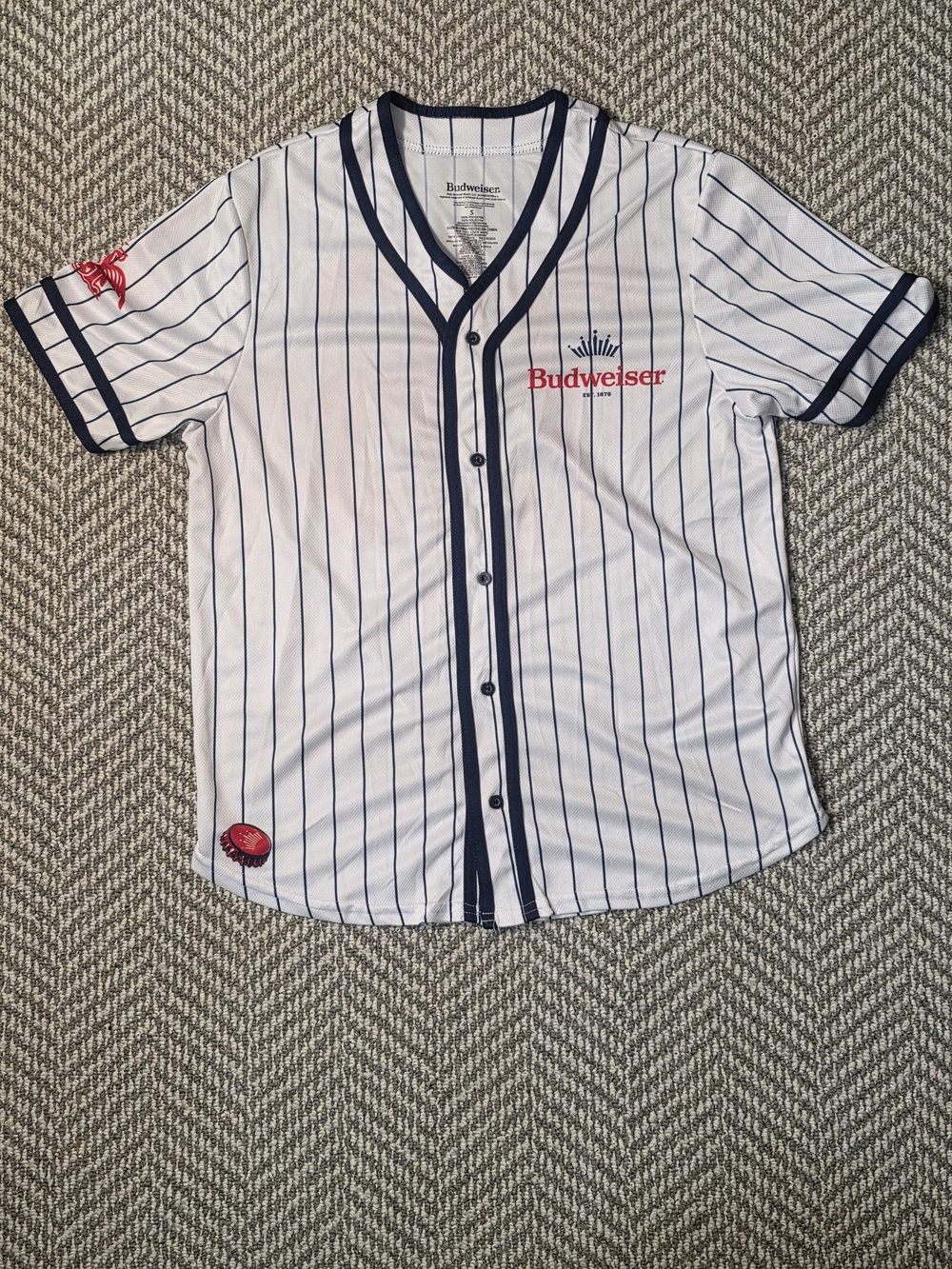 Budweiser Baseball Jersey Small S White Navy Blue Pinstripe Button Up Mens